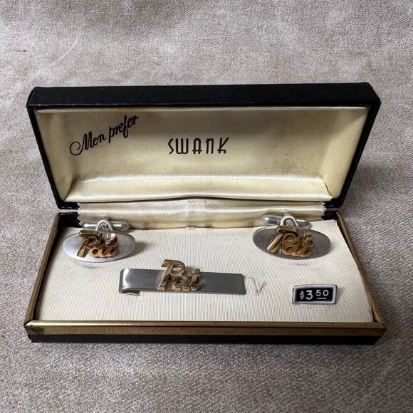 Pat Name Vintage Cufflinks and Tie Clip Bar Set Swank NOS in Original Box 1950s - Picture 1 of 6